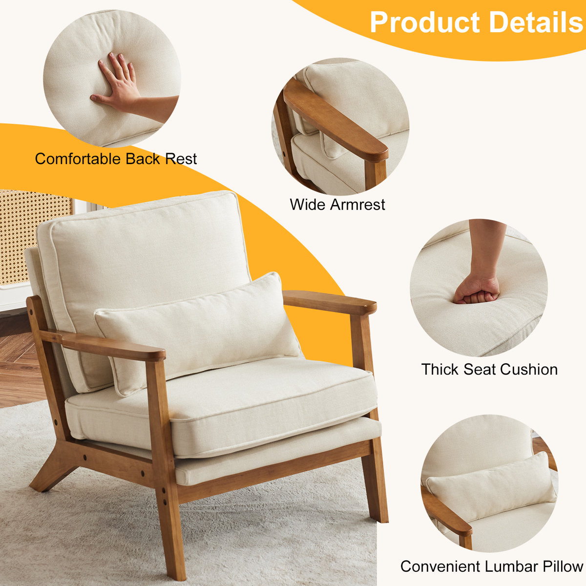 Lemley Upholstered Accent Chair With Wooden Legs And One Pillow